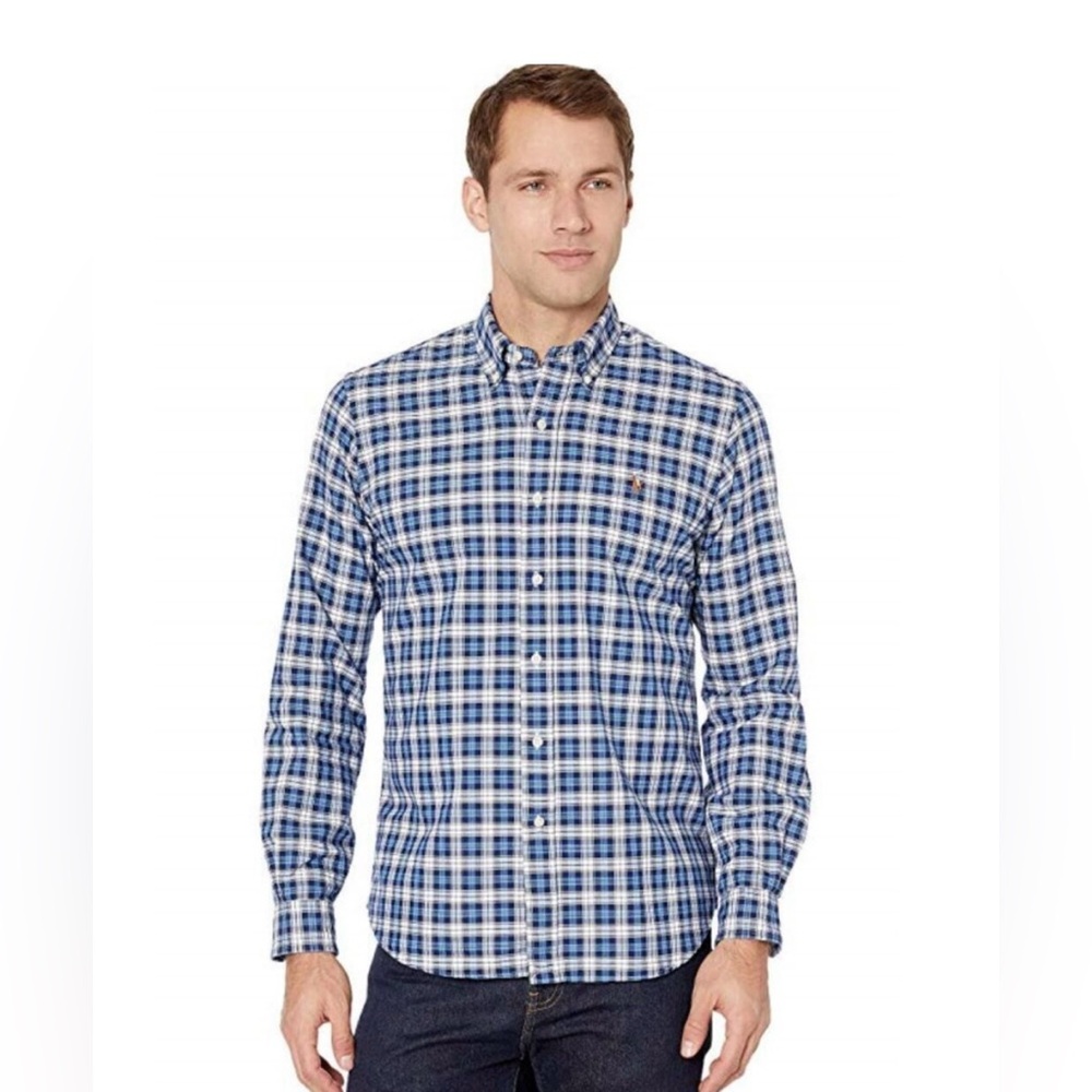Ralph Lauren Blue White Plaid Long Sleeve Classic Fit Button Down Oxford Preppy